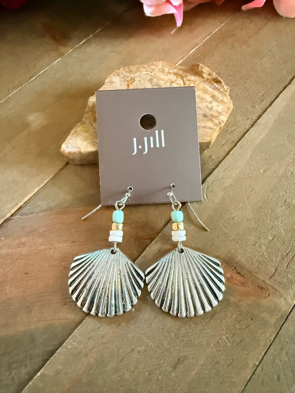 J. Jill Silver Shell Dangle Earrings with Mint and Cream Beads